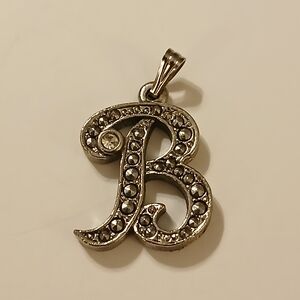 Vtg Elegant Dark Silver Alphabet Letter Initial B Studded Stone Accent Pendant